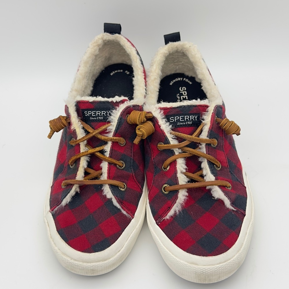 Sperry Red Black Plaid Check Shearling Lined Sneakers W‎ 9.5 Camp Cottage Forest - Picture 2 of 10